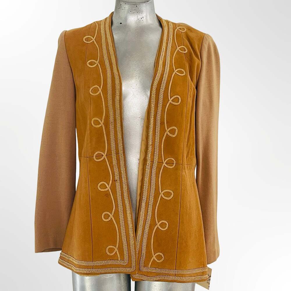 Vintage 70s Suede Leather Blazer with Soutache Embroidery & Contrast Sleeves