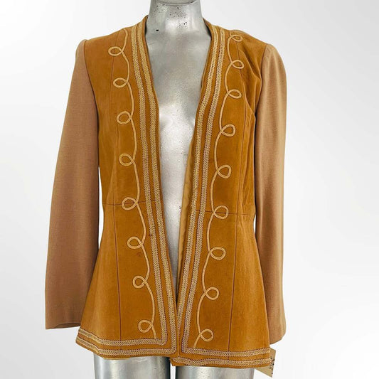 Vintage 70s Suede Leather Blazer with Soutache Embroidery & Contrast Sleeves