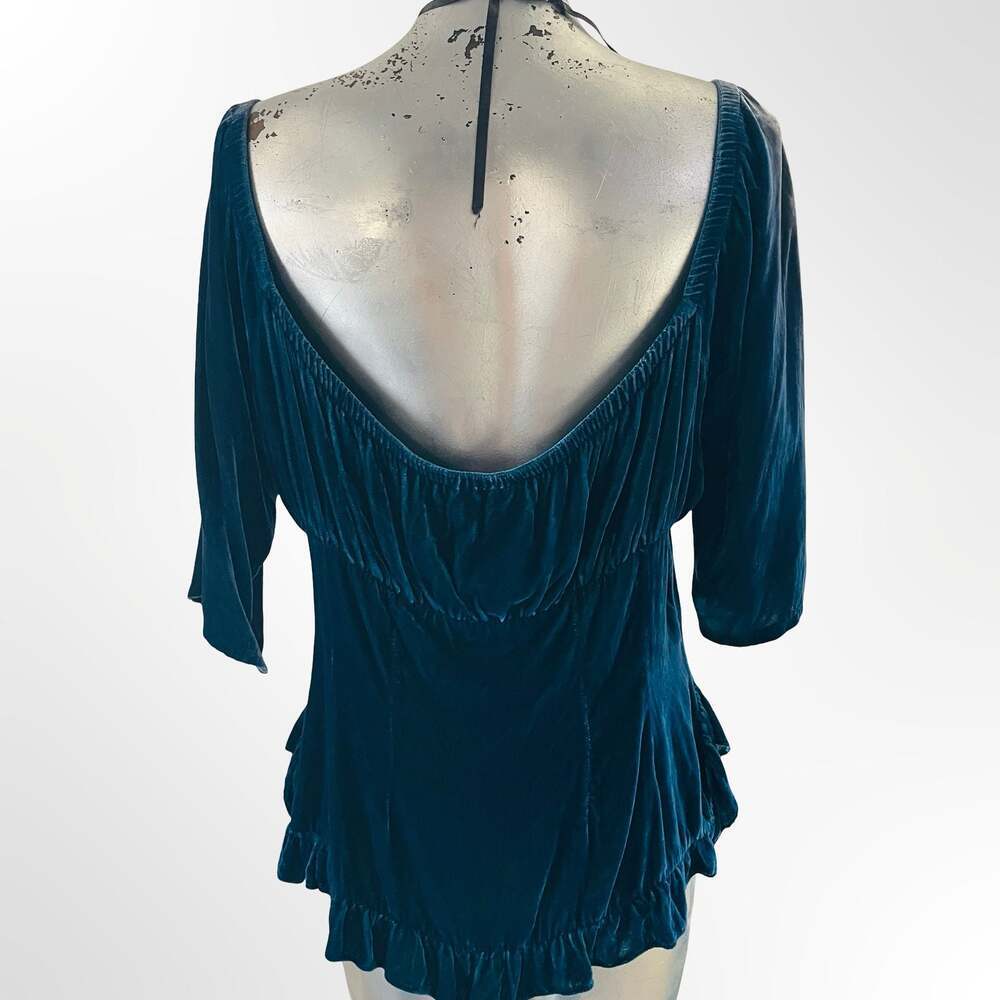 Marrika Naki Vintage 100% Silk Teal Velvet Ruched Ruffle Hem Top