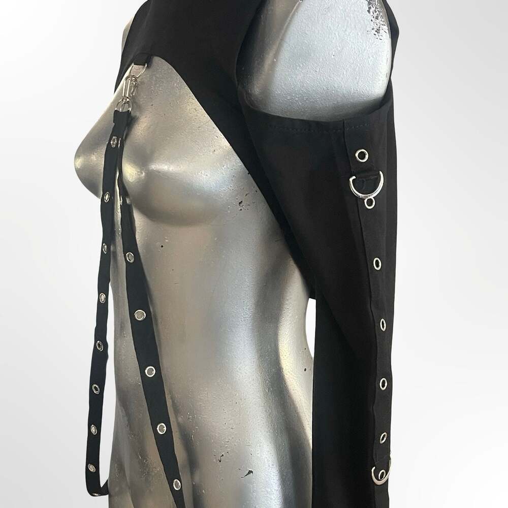 Gothic Punk Cold Shoulder Long Sleeve Crop Hoodie with Grommet Strap Detail