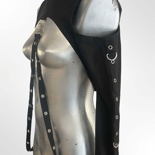 Gothic Punk Cold Shoulder Long Sleeve Crop Hoodie with Grommet Strap Detail