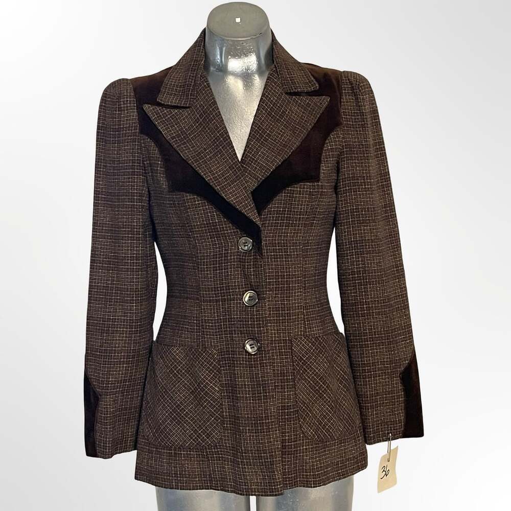 Vintage Young Edwardian Brown Plaid Wool Blazer Jacket with Velvet Contrast Yoke