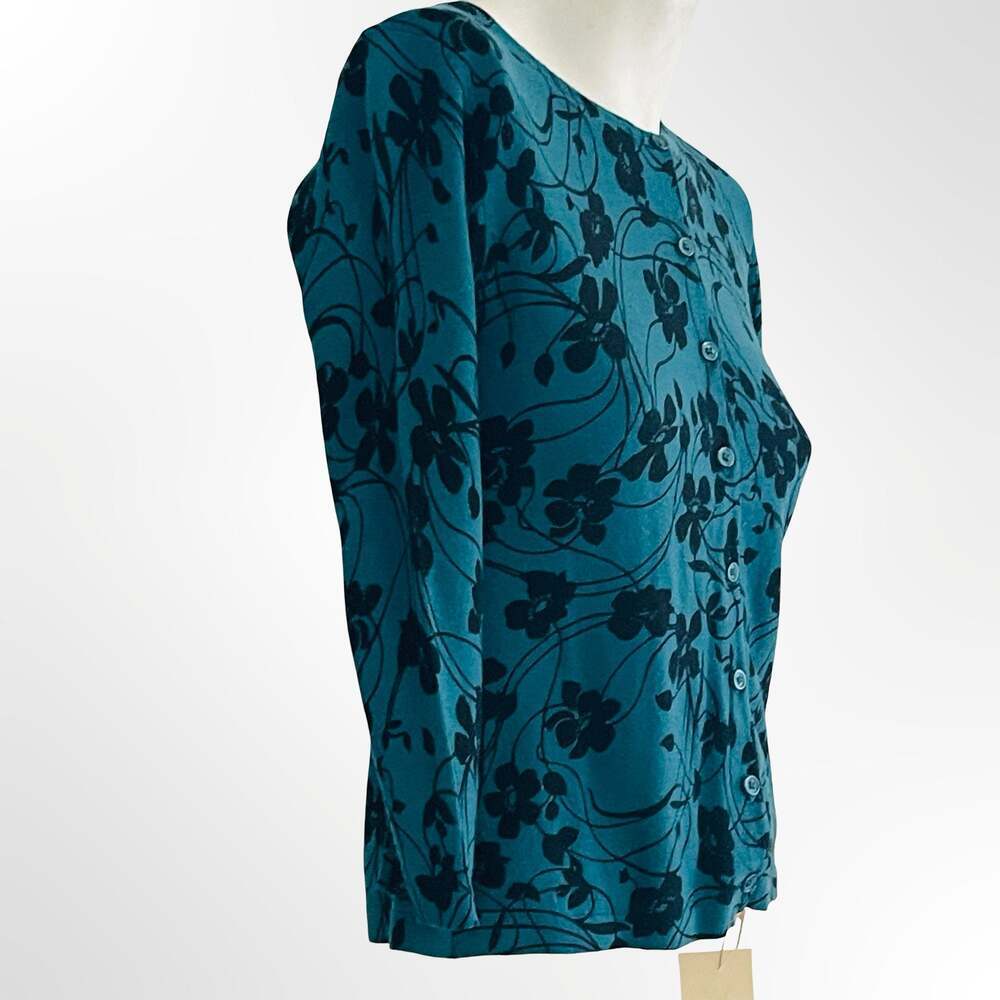 Garnet Hill Teal Blue Floral Botanical Print Button-Front Cardigan Sweater XS