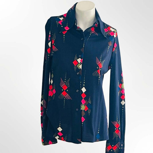 Vintage 1970s Kay Silver Long Sleeve Button Down Blouse Print Poly Knit