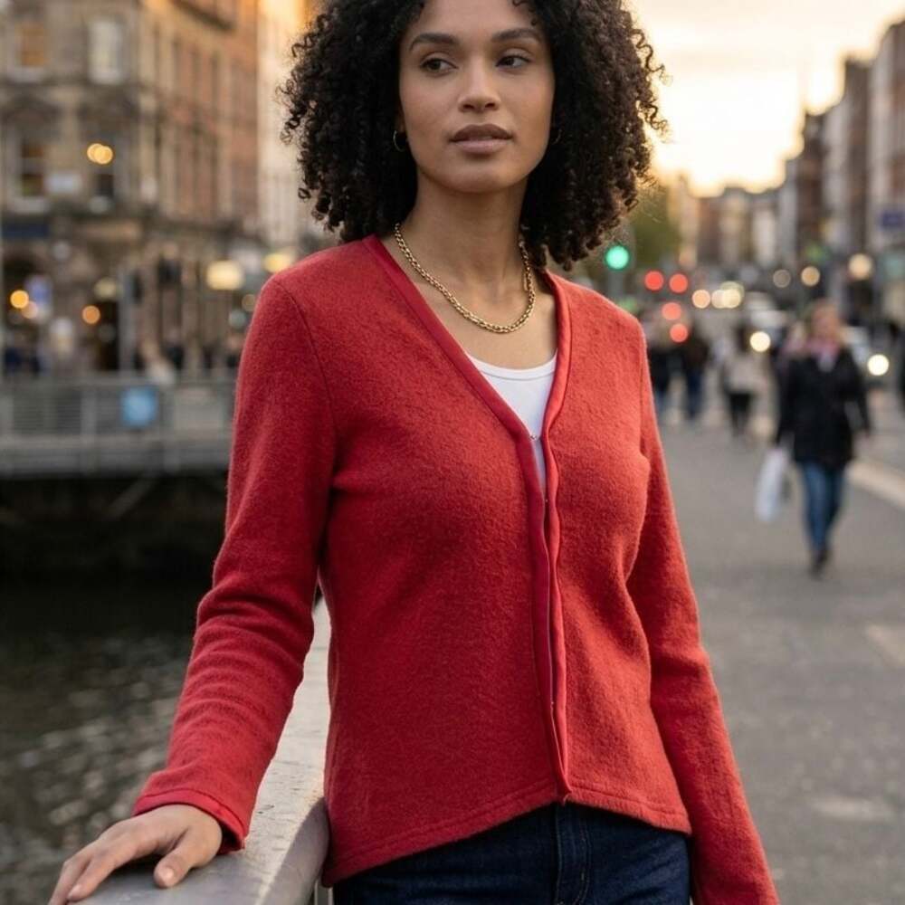William B Red Wool Blend Satin Trim V-Neck Cardigan Sweater Small