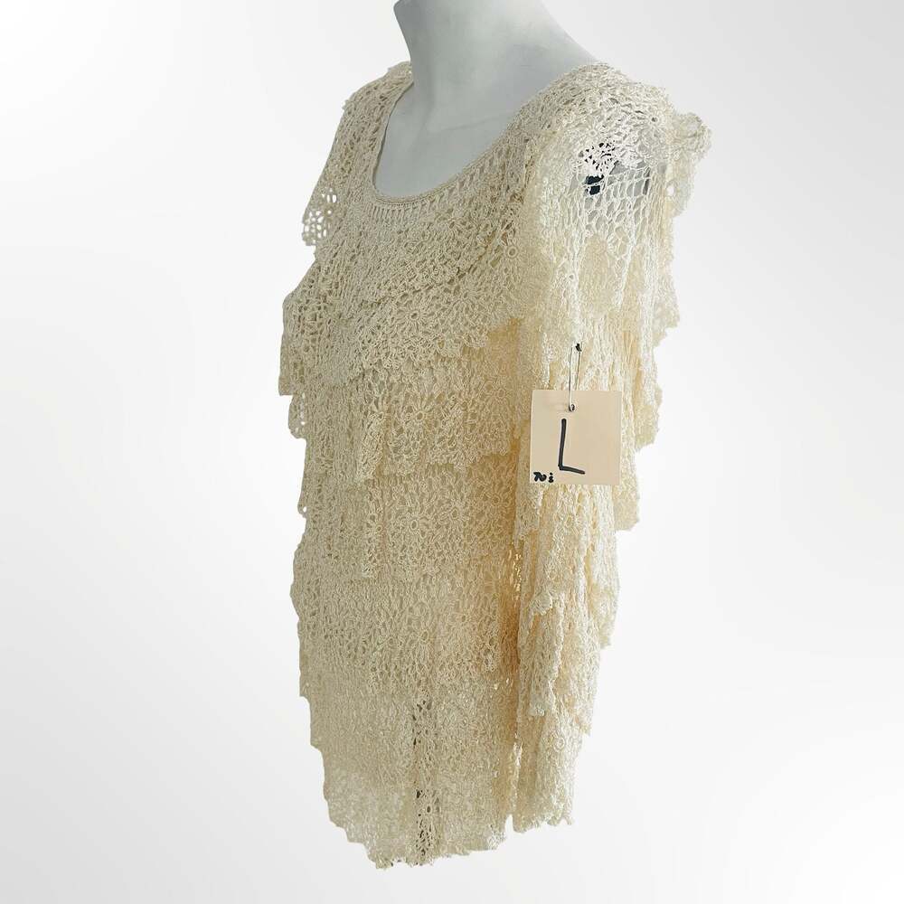 Vintage Rose Cream Hand Made Crochet Lace Ruffled Long Sleeve Top Size L