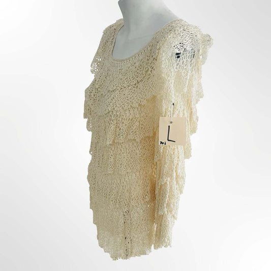 Vintage Rose Cream Hand Made Crochet Lace Ruffled Long Sleeve Top Size L