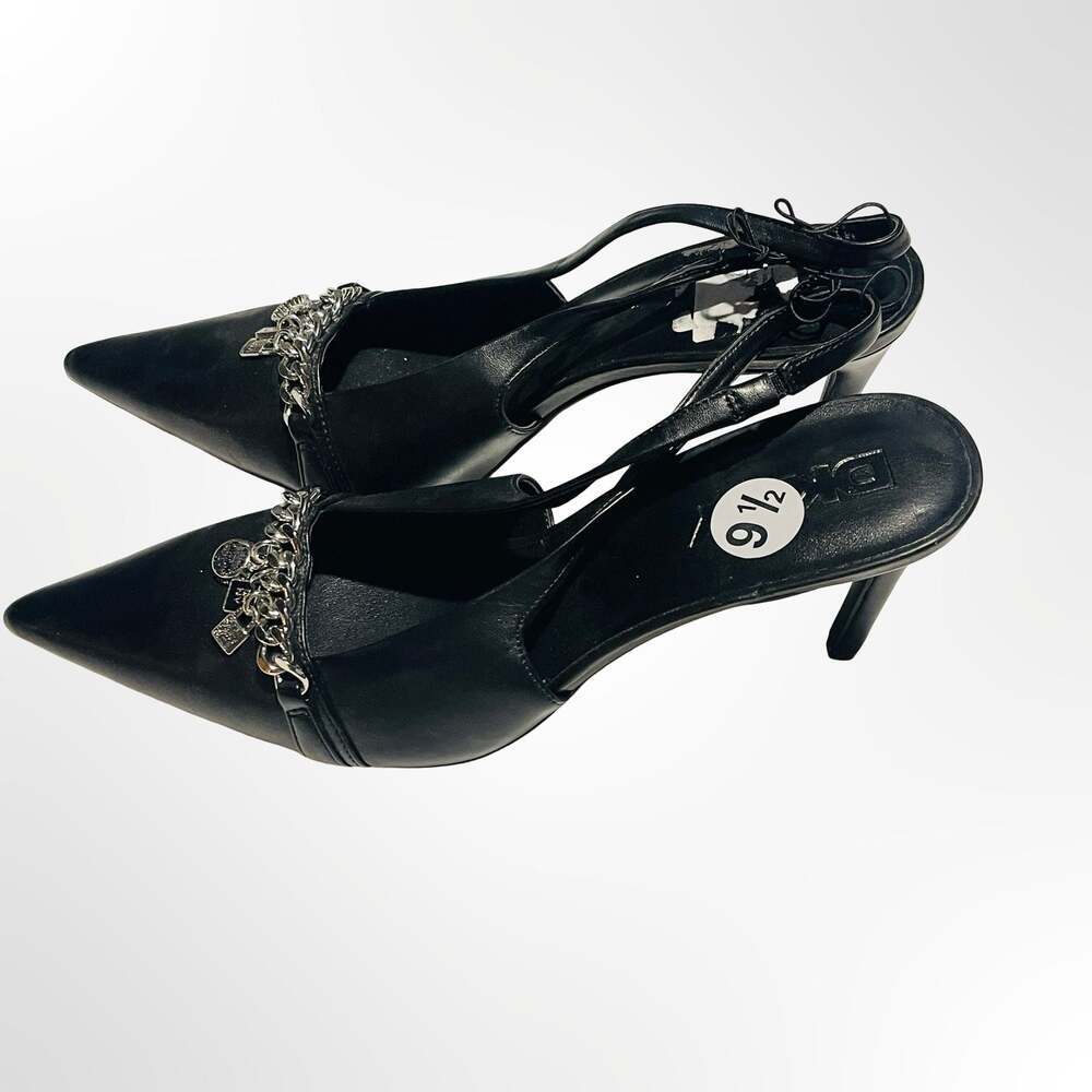 DKNY Black Leather Slingback Pointed-Toe Heels with Chain Detail