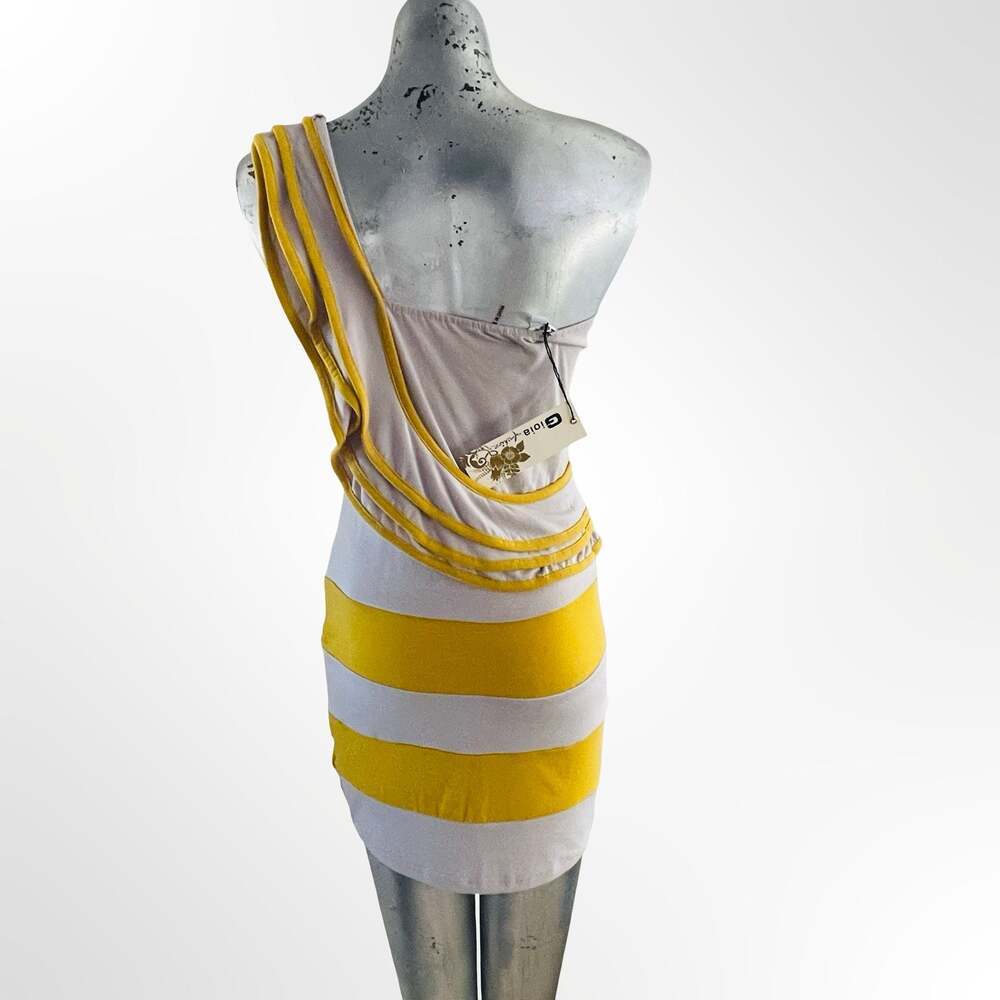 Gioia Fashion One Shoulder Dress Yellow Striped Bodycon Mini Size L