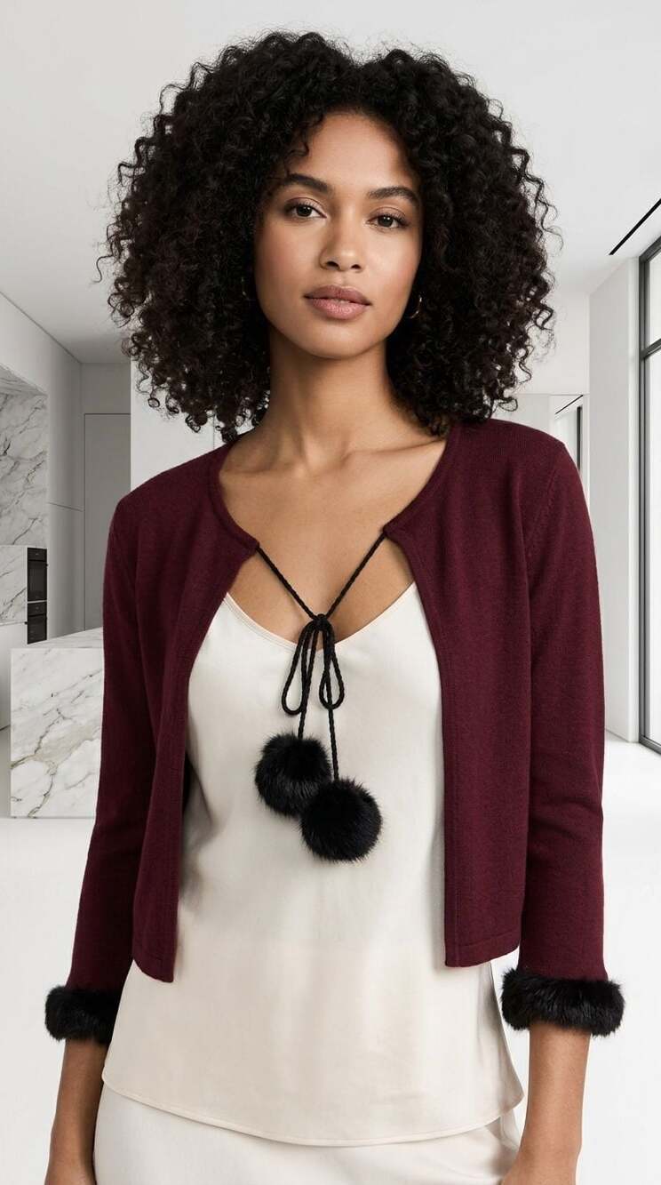 Zoe LTD Size 10 Burgundy Wool Cardigan Jacket with Faux Fur Cuffs and Pompoms