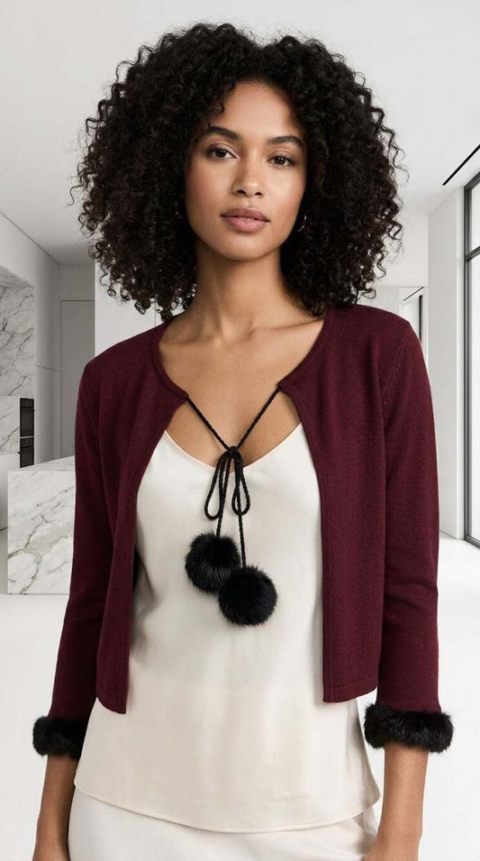 Zoe LTD Size 10 Burgundy Wool Cardigan Jacket with Faux Fur Cuffs and Pompoms