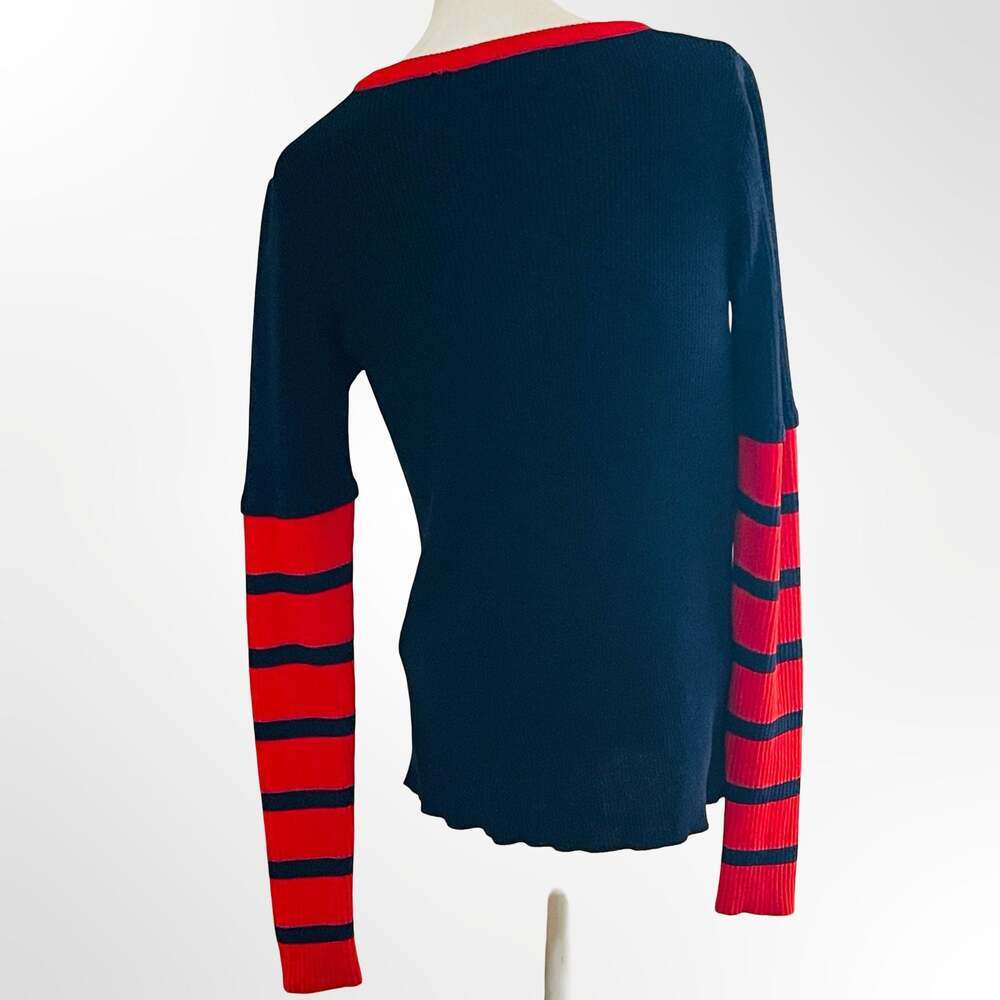 Andros Navy and Red Striped Long Sleeve Ribbed Knit Sweater