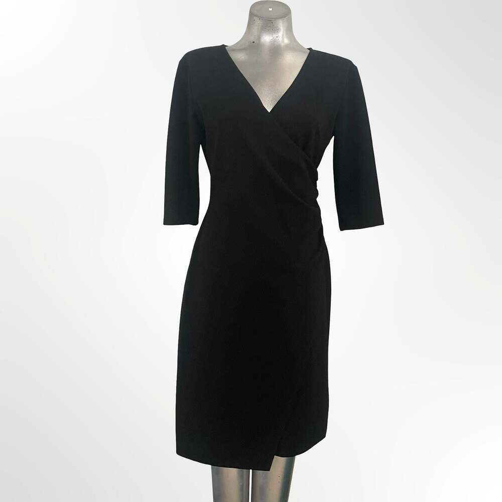 Unbranded Women's Black V-Neck Faux Wrap Sheath Dress with Three-Quarter Sleeves