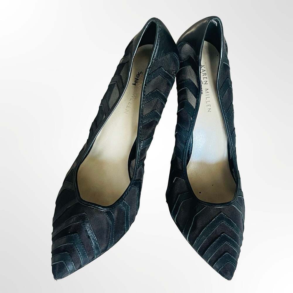 Karen Millen Black Mesh and Leather Pointed Toe Stiletto Pumps