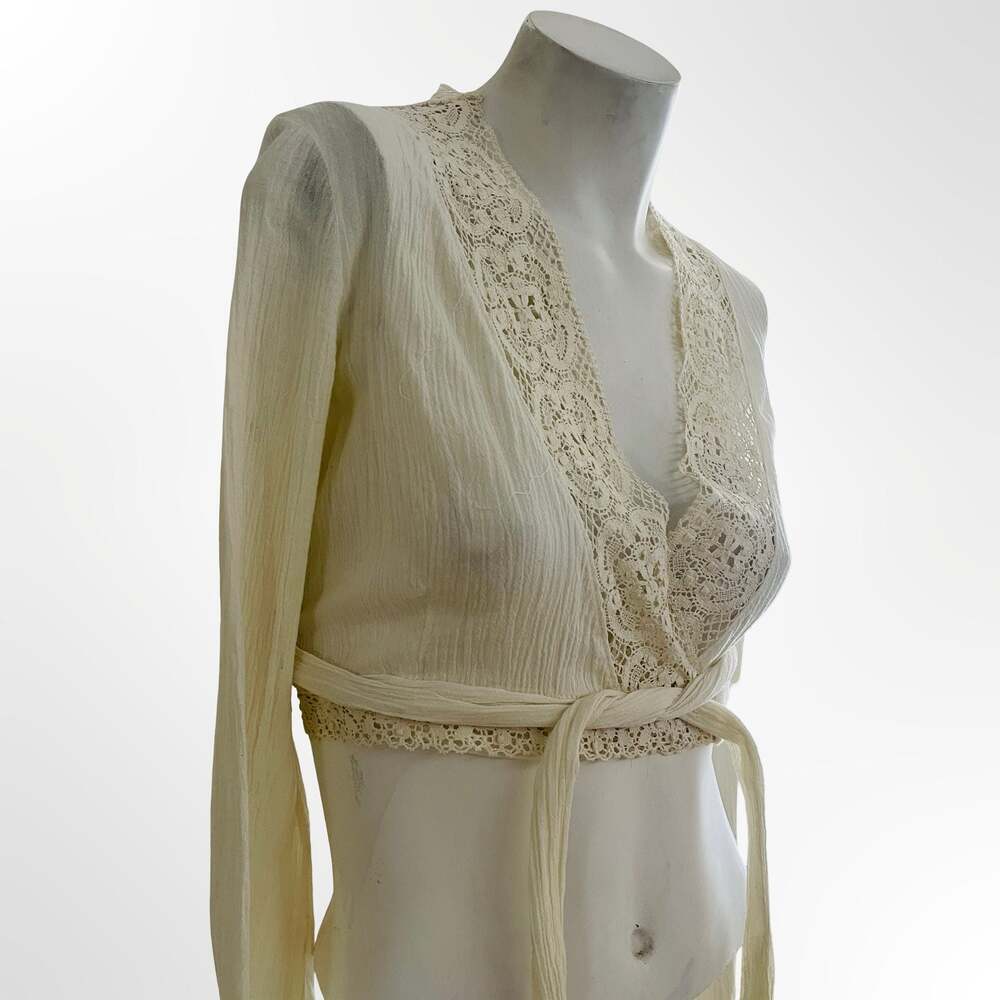 Vintage Cream White Lace Trim Bell Sleeve Crop Wrap Top Blouse