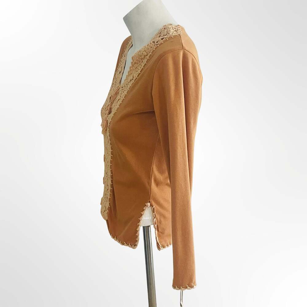 Vintage Long Sleeve Brown Knit Blouse with Crochet Lace Trim and Tassel Tie