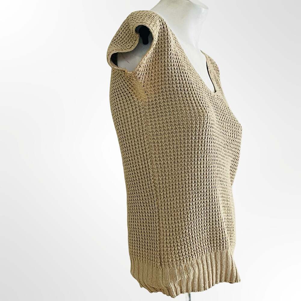 Linen-Blend Ribbed V-Neck Short Dolman Sleeve Sweater Beige Medium