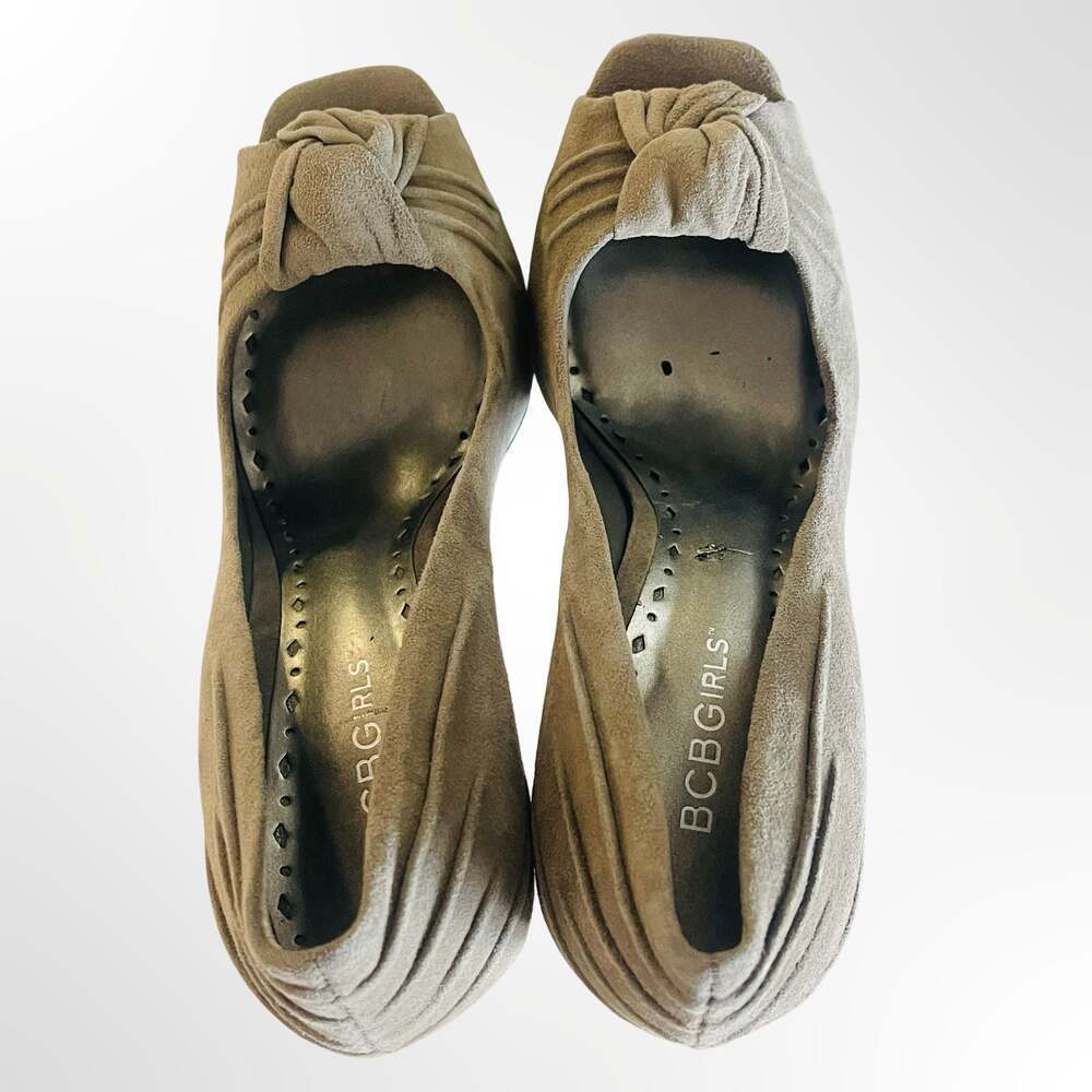 BCBGIRLS Suede Peep Toe Pumps with Knotted Detail