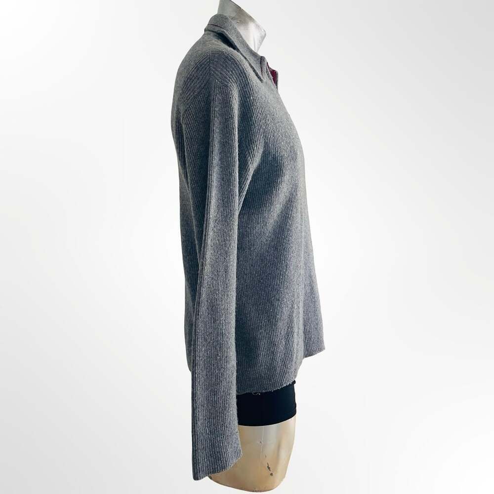 Gray Ribbed Half-Zip Sweater with Contrast Red Trim Lapel Collar