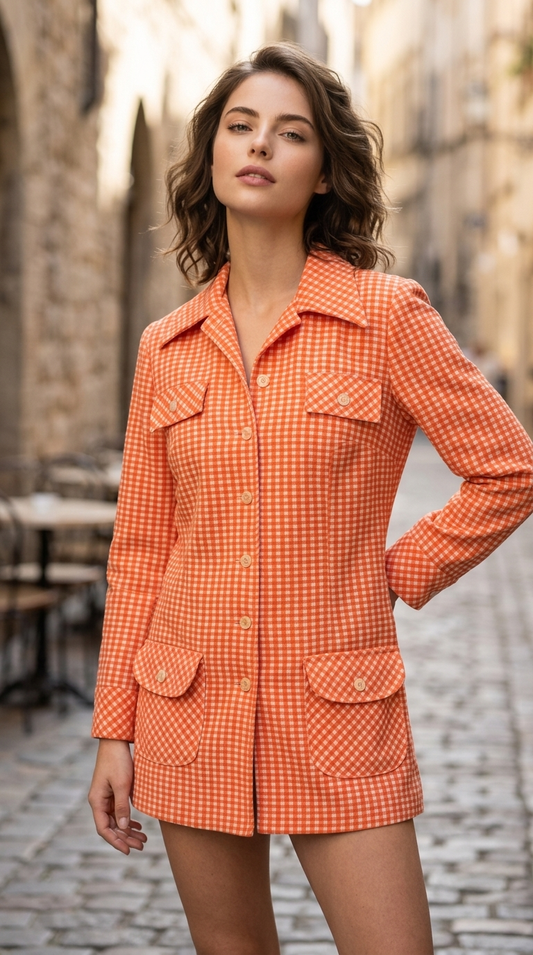 Vintage 1970s Joseph Magnin Orange and White Gingham Jacket