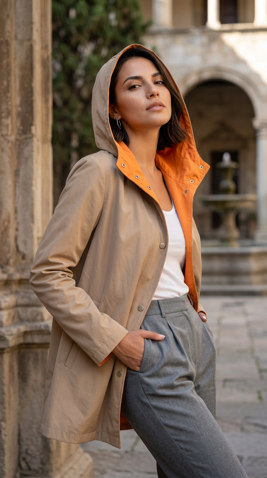 Reversible Hooded Rain Jacket, Beige and Orange