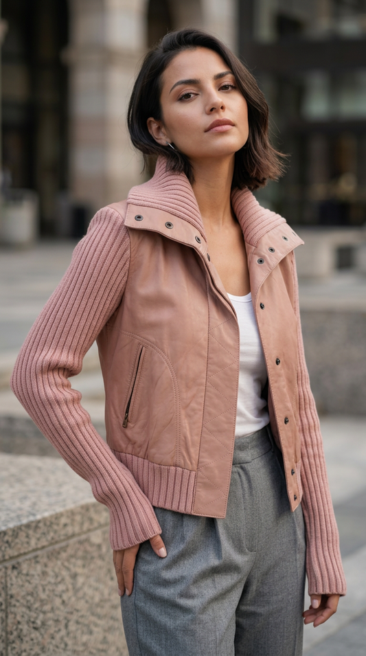 BCBGMaxAzria Pink Leather and Ribbed Knit Sweater Jacket Size M