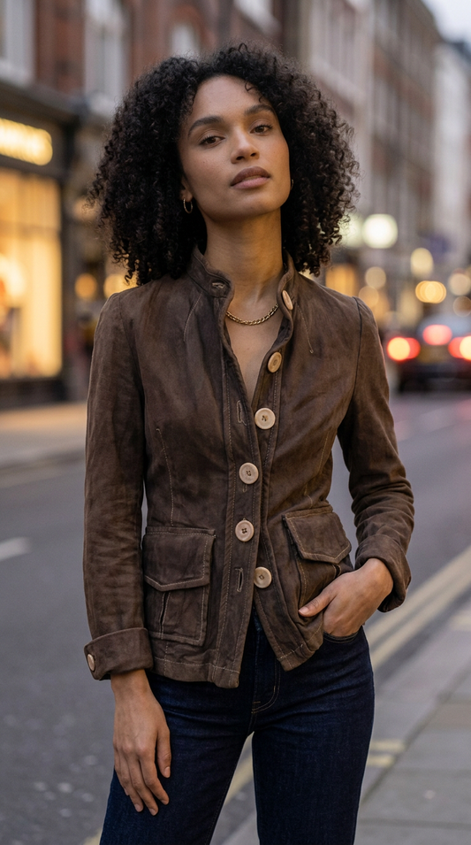 Picasso Style Jean PsJ Women's Brown Suede Military-Style Jacket XS