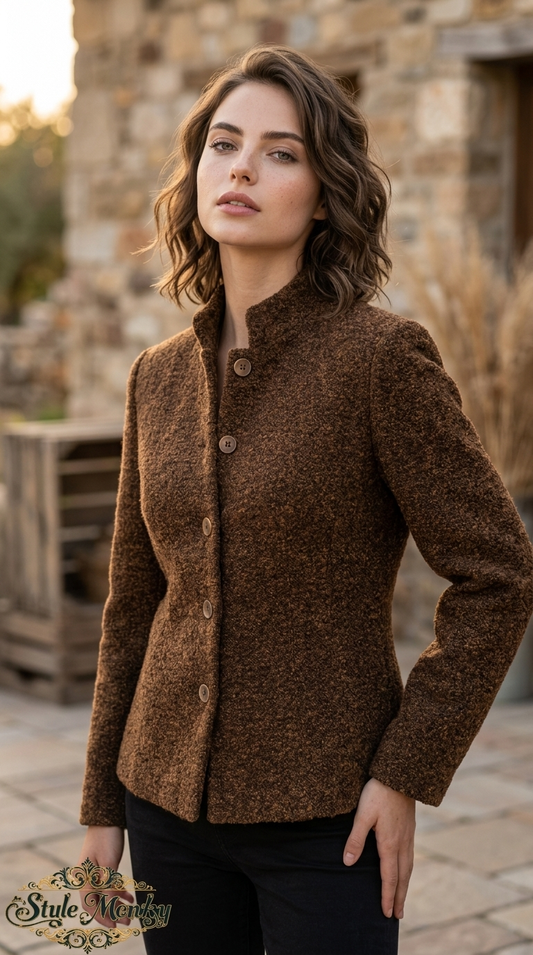 Jones New York Women's Brown Wool-Blend Bouclé Button-Front Jacket Size 6