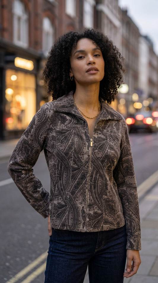 Jones New York Signature Full Zip Paisley Print Velvet Jacket