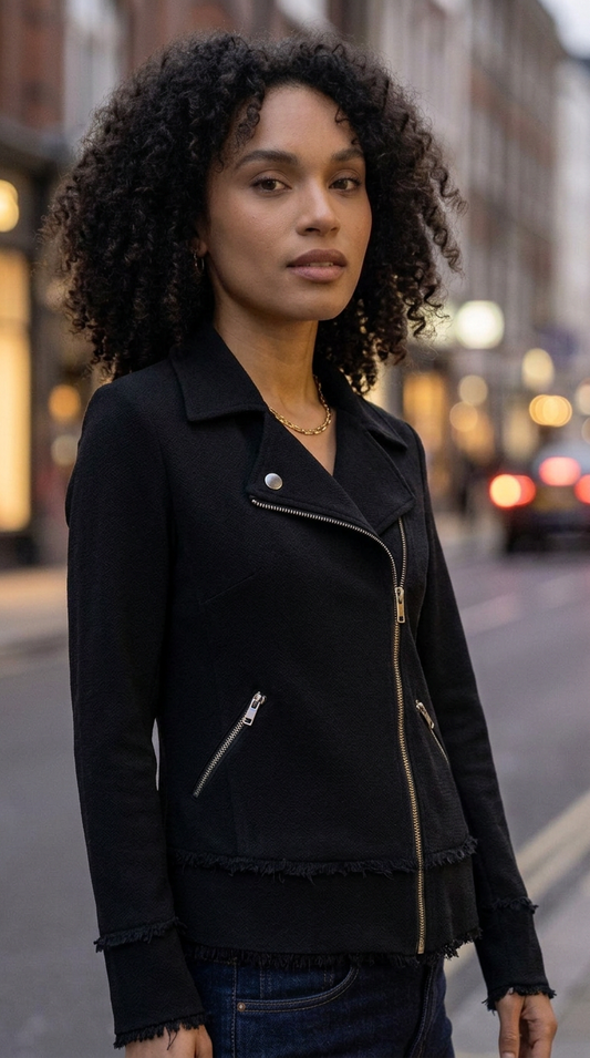 Leith Women's Raw Edge Crepe Asymmetrical Moto Jacket, Black, Size XS