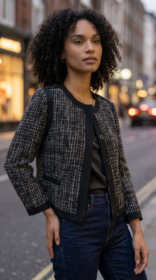 H&M Black and White Tweed Textured Jacket with Decorative Embellishments