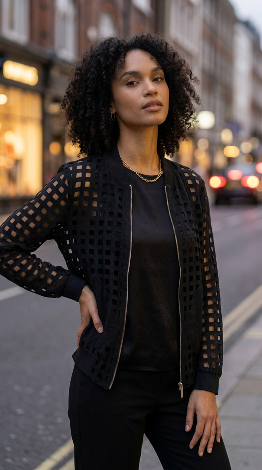 Zara Basic Collection Black Semi-Sheer Windowpane Check Bomber Jacket