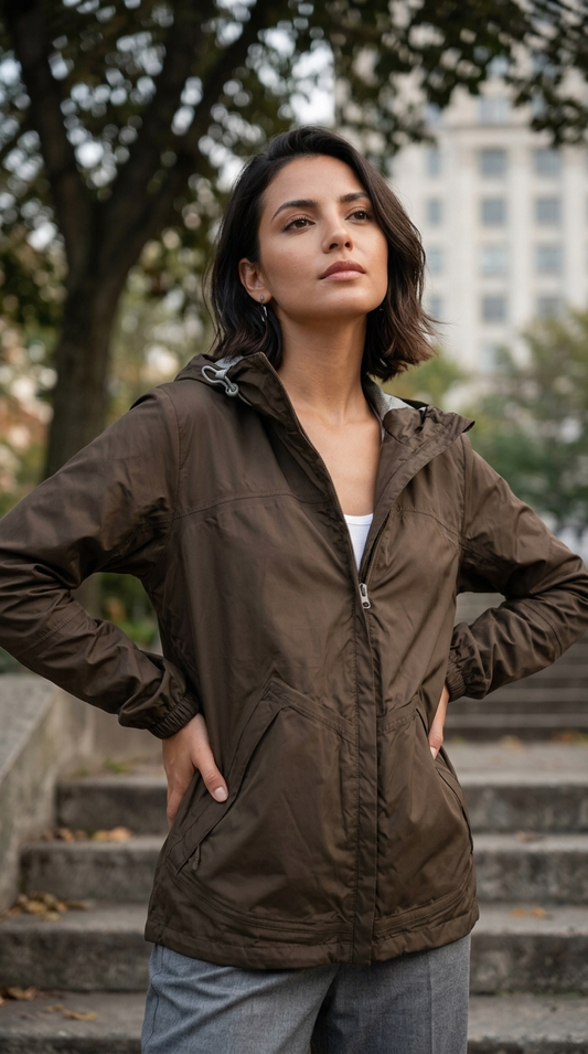 TRBN Performance Womens Brown Hooded Rain Jacket Size Medium